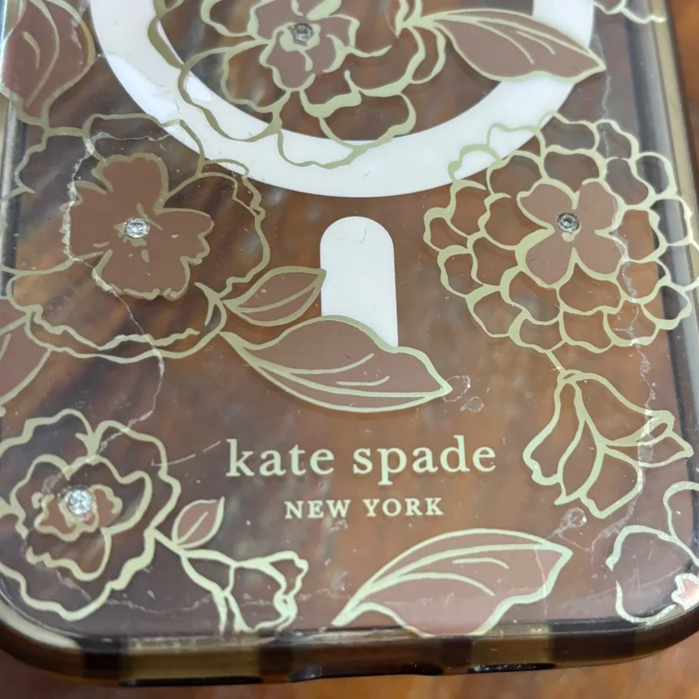 Kate Spade iPhone 14 Pro Case MagSafe Floral Brown Gold Crystal Accents